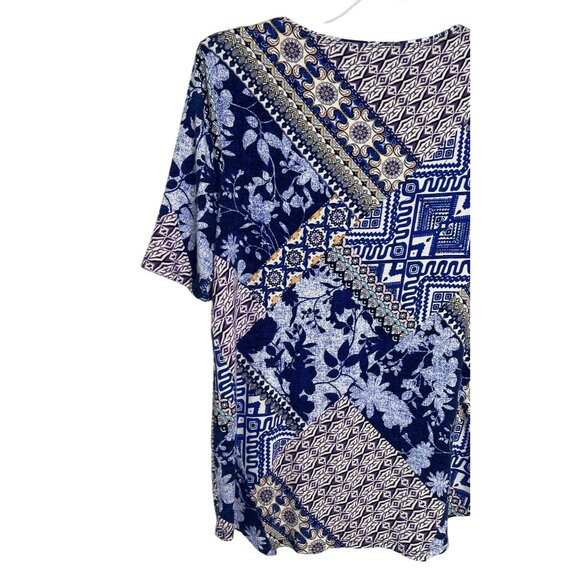 Chicos Blue Patchwork Print Blouse Medium Short Sleeve Boho Floral Top - Picture 11 of 12